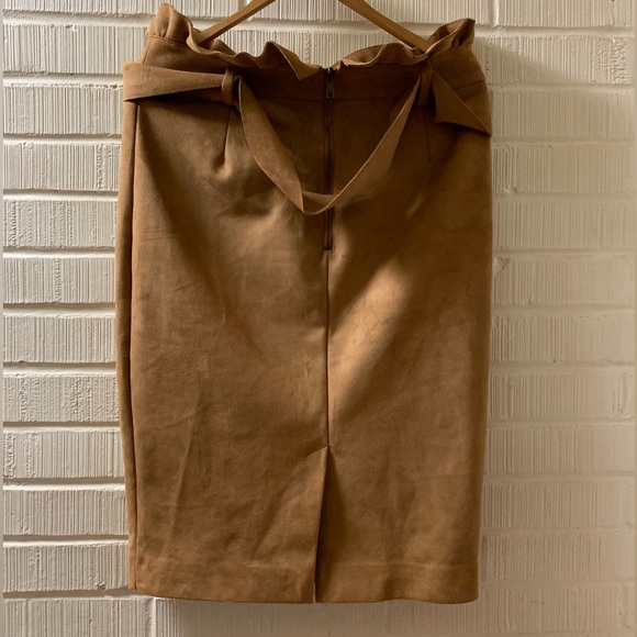 SOLD Suede Camel Brown Skirt High Waisted Knee Length Belted Pencil Skirt - Picture 3 of 6